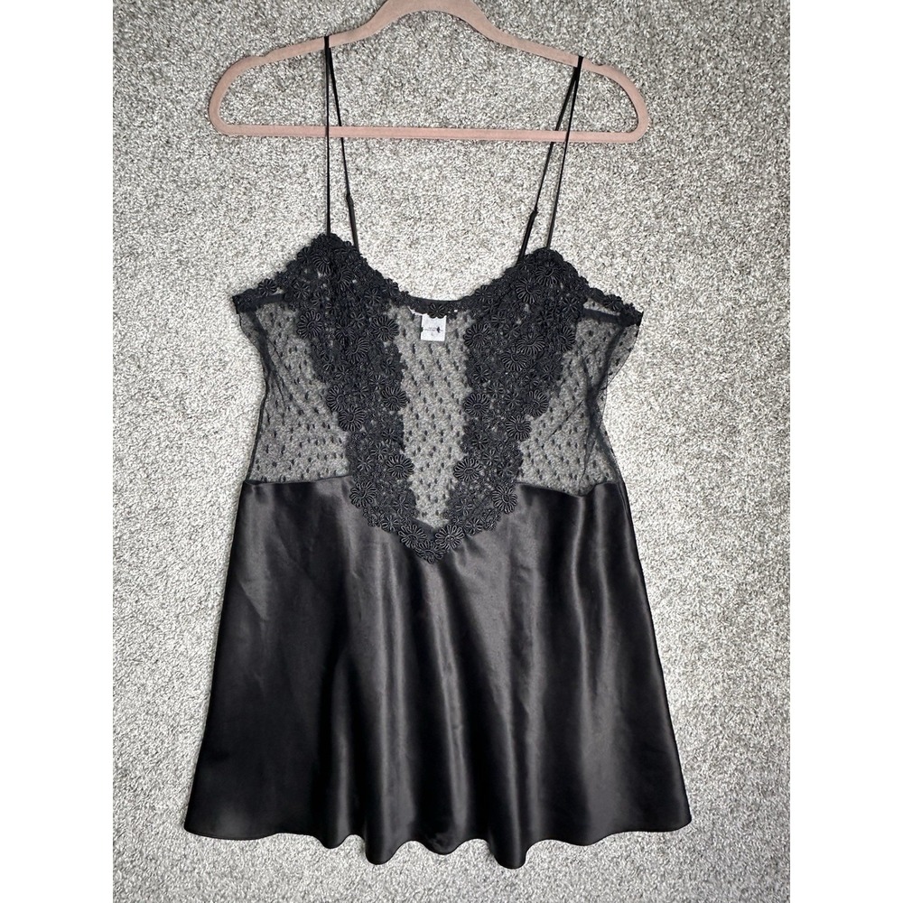 Flora Nikrooz Showstopper Chemise Black Lace Satin Nightgown Slip Dress L - Picture 5 of 9